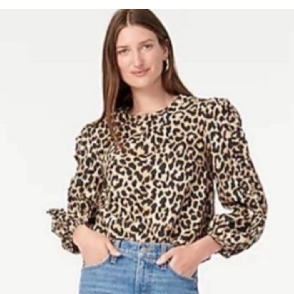 J. Crew NWOT Leopard Animal Print Puff Long Sleeve Oversized Blouse Sz XS/S